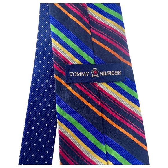 Mens Tommy Hilfiger Silk Multicolored Striped Tie Orange Blue Green Made in USA - Picture 6 of 8